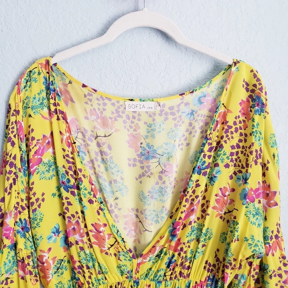 Sofia By Vix Yellow Multicolor Floral Bohemian Swim Coverup Dress